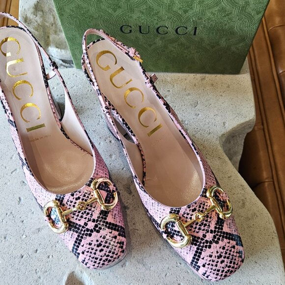 Gucci Pink & Black Python Print Heels - Picture 3 of 10